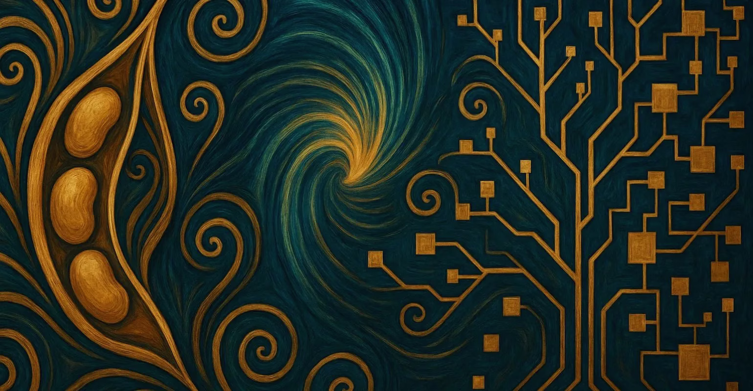 Ilustración abstracta en estilo Art Nouveau que representa la transición desde la materia prima hasta el modelo predictivo. A la izquierda, una forma estilizada de una vaina de soja dorada se abre entre espirales orgánicas sobre un fondo azul oscuro. En el centro, un vórtice dorado simboliza la transformación del proceso. A la derecha, una red de formas geométricas cuadradas conectadas por líneas doradas sugiere un sistema de predicción o modelo de datos. La imagen ilustra visualmente el flujo desde el origen vegetal hasta la estructura analítica en un entorno industrial.