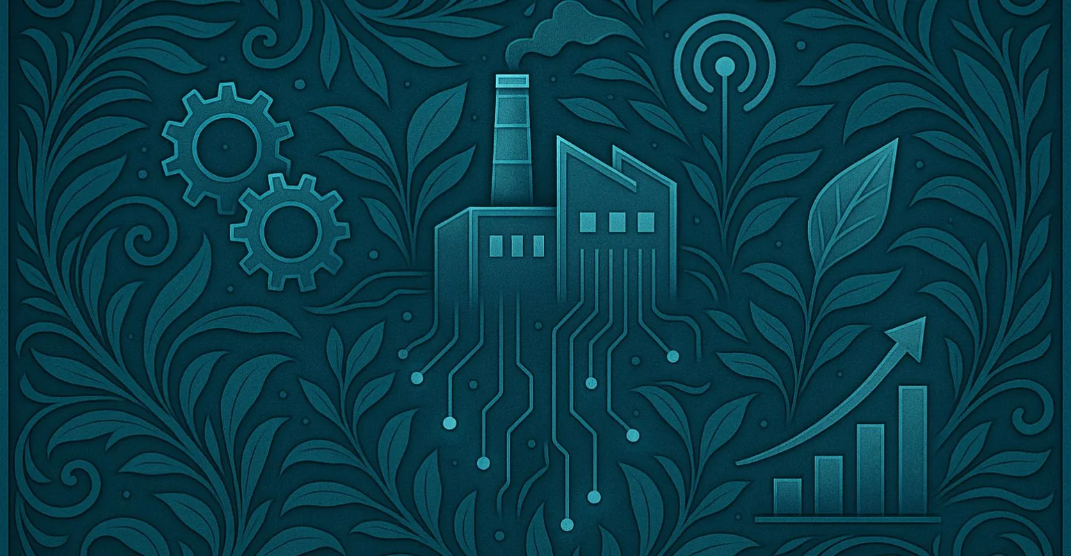 Ilustración estilo Art Nouveau, formato rectangular, en tonos azules. Motivos orgánicos y curvas ornamentales rodean una planta industrial estilizada representada como un modelo digital. Elementos visuales incluyen engranajes, flujos de datos luminosos, sensores conectados y hojas estilizadas que simbolizan la sostenibilidad en la industria alimentaria. La composición transmite innovación, control y eficiencia a través de gemelos digitales e IoT, con un equilibrio entre lo tecnológico y lo natural.