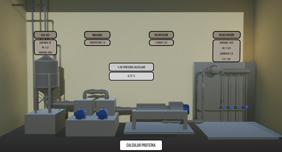 Modelo 3D de un gemelo digital en la industria alimentaria que muestra el proceso de molienda, decantaci&oacute;n y desactivaci&oacute;n con indicadores en tiempo real.