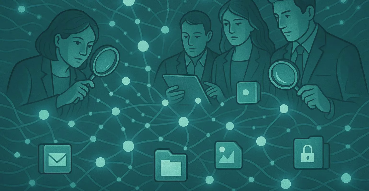 a team of professionals analyzing and evaluating a digital search system represented as a large, interconnected network of data nodes or folders. Each node glows softly, symbolizing relevance, security, and organization. Some team members use magnifying glasses or digital tablets to inspect the connections, representing the five evaluation criteria (relevance, security, integrations, semantic understanding, scalability). The scene should convey clarity, intelligence, and collaboration, in a modern tech environment.
