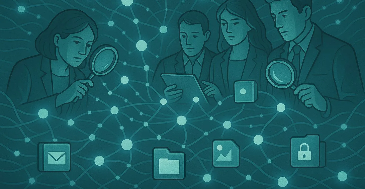 a team of professionals analyzing and evaluating a digital search system represented as a large, interconnected network of data nodes or folders. Each node glows softly, symbolizing relevance, security, and organization. Some team members use magnifying glasses or digital tablets to inspect the connections, representing the five evaluation criteria (relevance, security, integrations, semantic understanding, scalability). The scene should convey clarity, intelligence, and collaboration, in a modern tech environment.