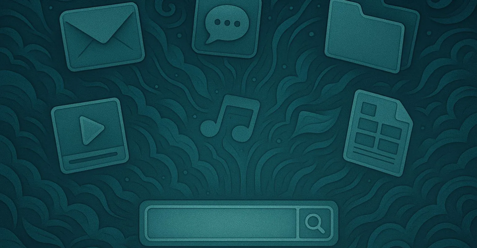Ilustraci&oacute;n digital estilo Art Nouveau en tonos teal, con un fondo ornamental de curvas y motivos org&aacute;nicos. En el centro inferior destaca una barra de b&uacute;squeda iluminada, rodeada de iconos que representan distintas aplicaciones: un sobre de correo, un chat, una carpeta, un documento tipo hoja de c&aacute;lculo, un archivo de video y una nota musical, simbolizando un entorno empresarial digital unificado.
