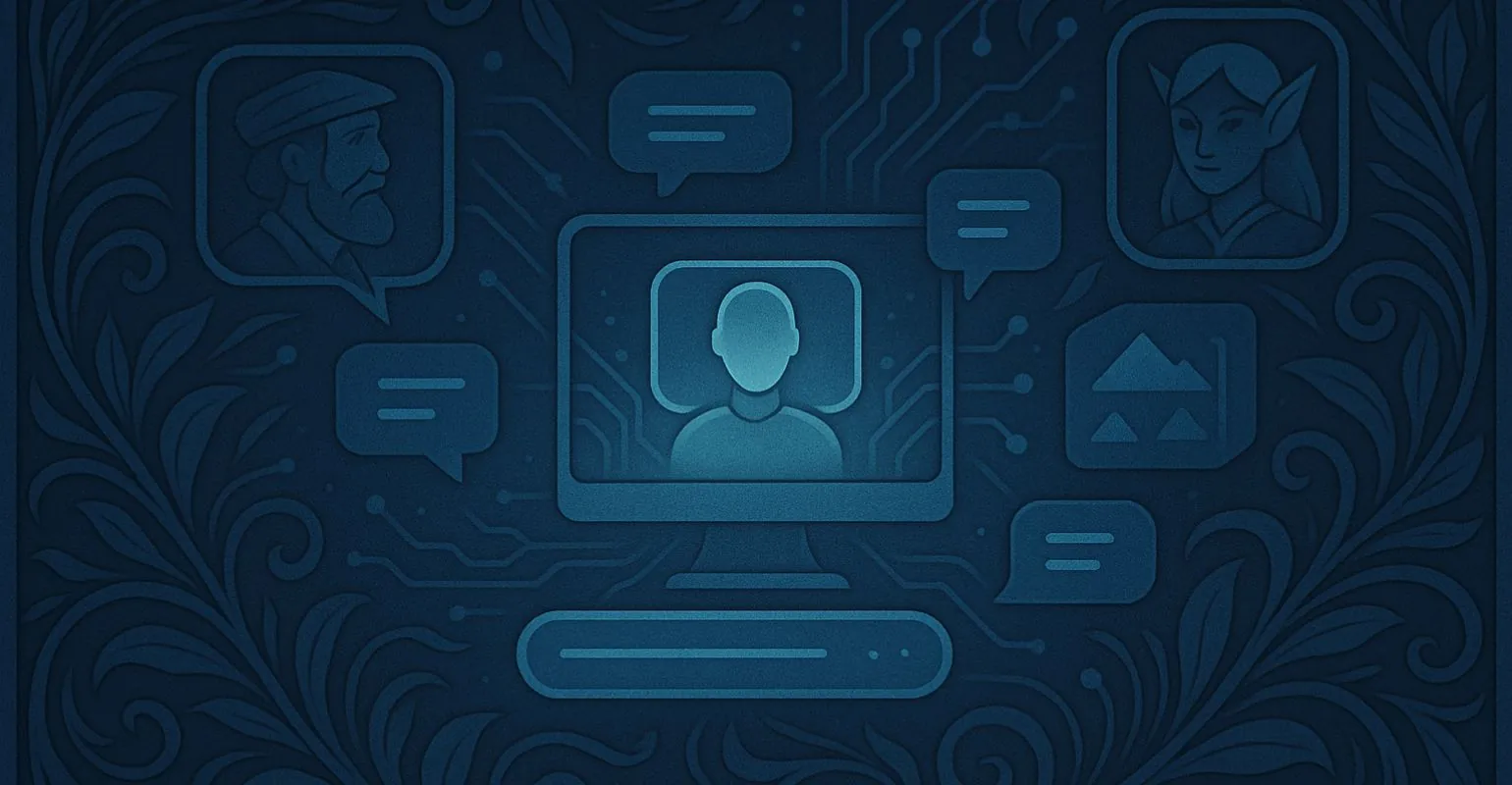 a modern, conceptual digital illustration representing Character AI — a web platform where users can create and chat with artificial intelligence characters. Show a person sitting in front of a computer screen surrounded by floating holographic avatars and digital chat bubbles, symbolizing conversations with AI personalities (famous figures, fantasy characters, assistants, etc.). The scene should feel futuristic but friendly, with a clean interface aesthetic, soft lighting, and vibrant tones of blue, violet, and teal. Include abstract AI motifs like neural networks or data streams subtly in the background. The composition should convey creativity, technology, and human–AI interaction, in a rectangular format suitable for a blog header.