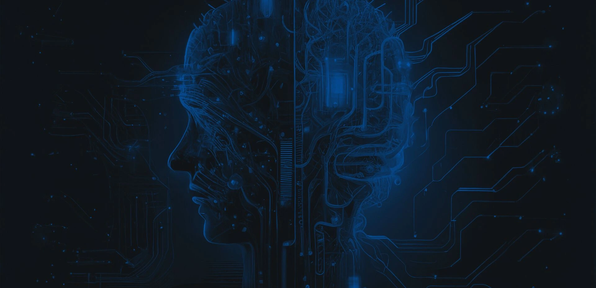 Entradas blog Ilustración digital en tonos azul oscuro de un perfil humano estilizado, compuesto por intrincados circuitos electrónicos y redes neuronales que simbolizan la Inteligencia Artificial y la tecnología de vanguardia.
