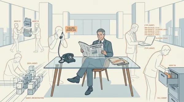 Gemini_generated_image_7ggtle7ggtle7ggt An editorial illustration in the style of the economist or the new yorker magazine cover. A conceptual metaphor for ai agents ( ia agéntica ). Visual idea: inside a minimalist corporate office, a single human business executive sits at a large desk, calmly reading a newspaper. Surrounding the desk, several invisible, transparent, or subtly sketched ghostly figures (representing the autonomous ai agents) are efficiently organizing files, typing on floating laptops, and answering old-fashioned telephones. Minimalist flat vector art, desaturated color palette (muted blues, off-white, and a single accent color like a dull orange), clean lines, witty intellectual humor, high conceptual design, vector style --ar 16:9