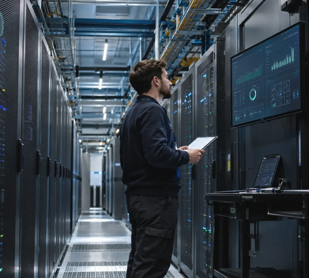 Data centers 1 Técnico monitorizando el rendimiento de un data center mediante herramientas de análisis para optimizar la eficiencia energética y el pue.